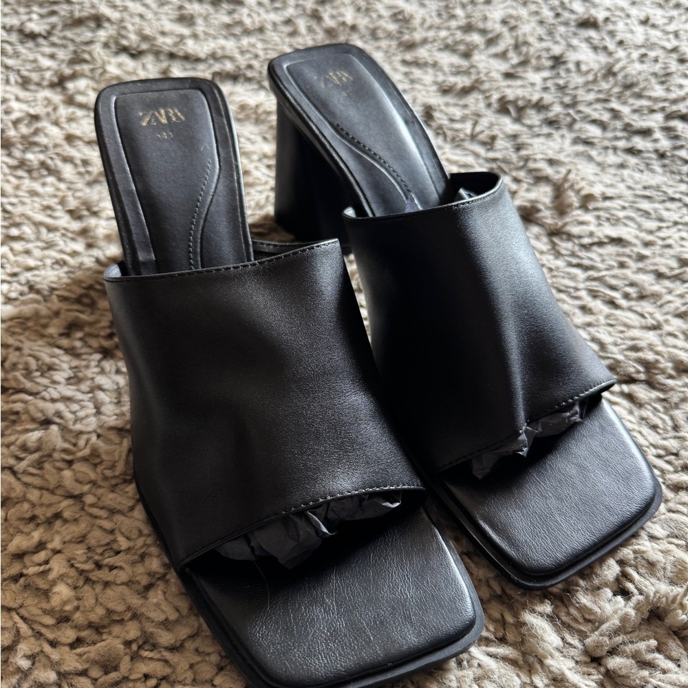 Zara Black Leather Mules for Women